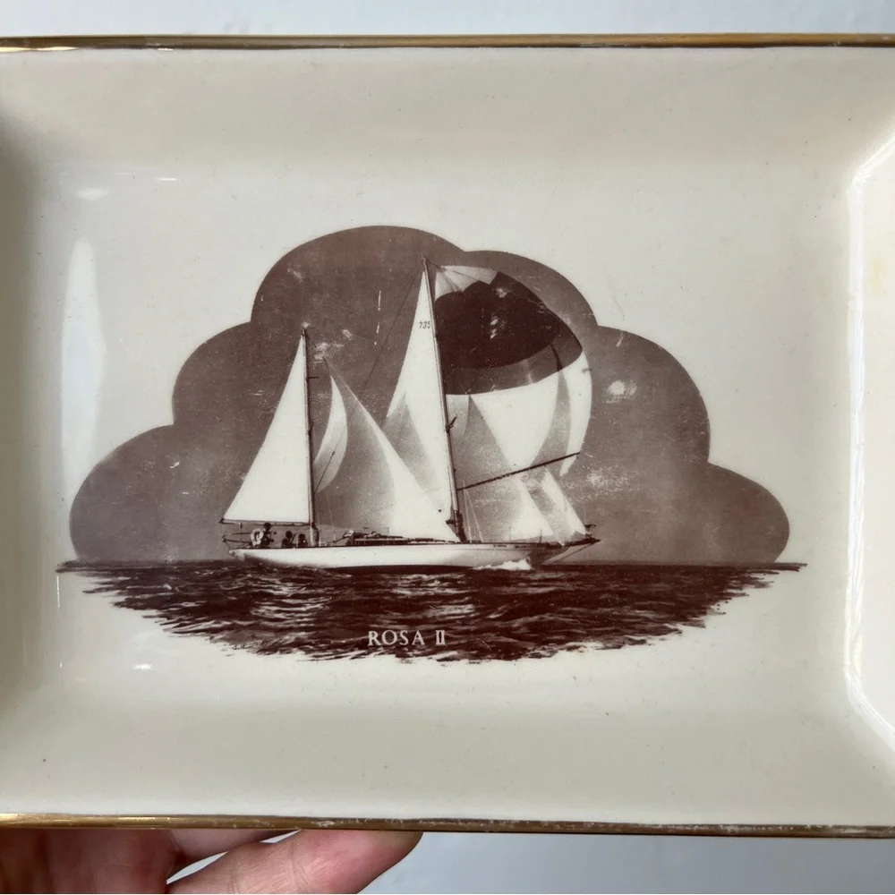 Vintage MCM Sailboat trinket dish decorative plate gilded Delano Studios 1965